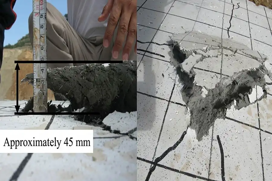 قطعه ترک&zwnj;خورده پشت پنل PVASCC که پس از آزمایش همچنان به پنل متصل مانده است.